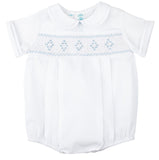 Feltman Brothers-Boys Smocked Embroidered Diamond Creeper -Boys blue or white/NB, 3M, 6M, 9M