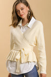 Umgee-Vanilla Ivory Long Sleeve Baby Doll V-Neck Tie Waist Sweater