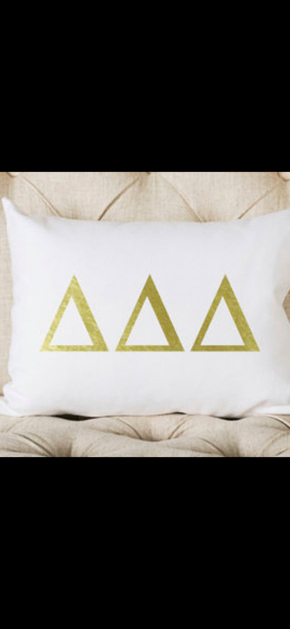 Tri Delta Sorority White Pillow with Gold Letters