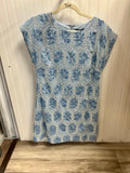 GiGIO-Sky Blue Embroidered Round Neck Mini Dress Scalloped Overlap With Buttons