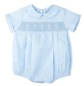 Feltman Brothers-Boys Smocked Embroidered Diamond Creeper -Boys blue or white/NB, 3M, 6M, 9M