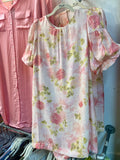 Entro-Pink Floral Print A-Line Dress Puff Sleeves