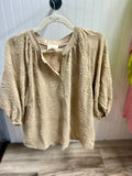 Umgee-Taupe Blouse Textured Floral Puff Sleeve
