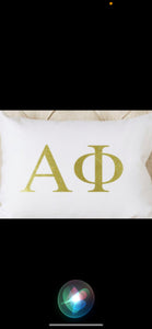 Alpha Phi Sorority White Pillow with Gold Letters