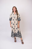 Umgee Tan with Navy Design Border Print Smocked Detail Midi Dress