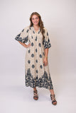 Umgee Tan with Navy Design Border Print Smocked Detail Midi Dress