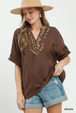 Umgee Brown Short Slevve Top with Leopard Trim