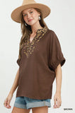 Umgee Brown Short Slevve Top with Leopard Trim
