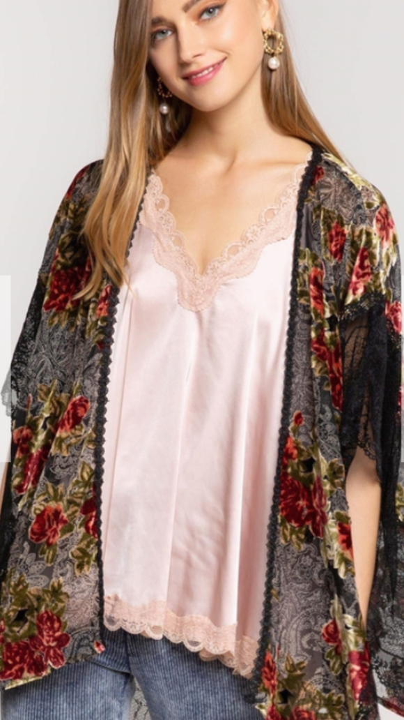 POL Clothing Black Multi Velvet and Suede Mesh Lace Floral Print Cardigan