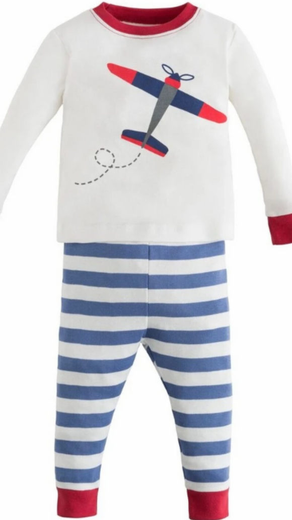 Under The Nile-Babies Blue and White Airplane Stripe Long Johns 12 M